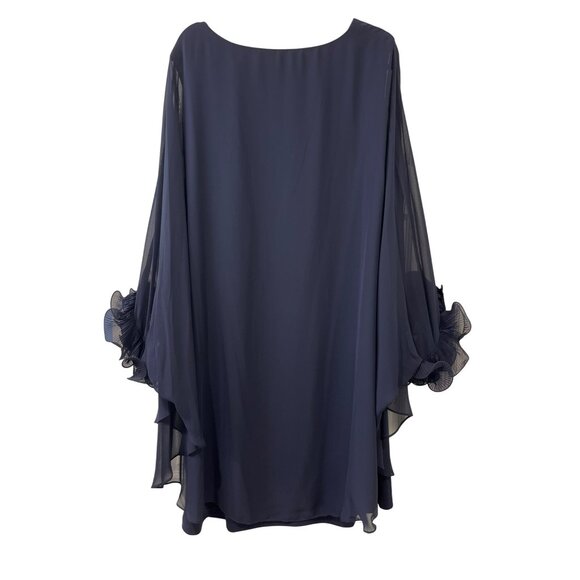 Xscape Navy Blue Dress Size 22W Ruffle Sleeve Sheer Overlay Evening Gown - Picture 4 of 8